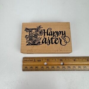 Vtg 1994 PSX Happy Easter Rubber Stamp Cursive Craft Floral Calligraphy USA Made